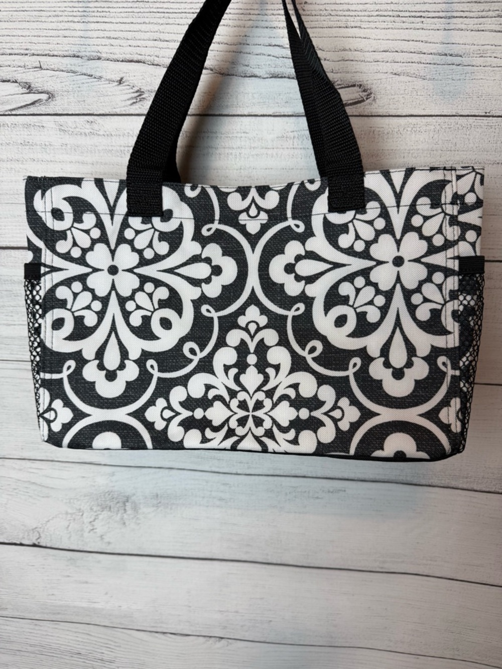 thirty-one Black and White Floral Damask Small Utility Tote Bag Folds Flat EUC